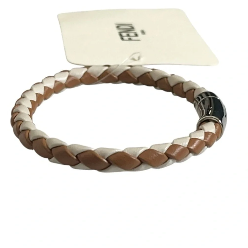 Fendi NWT Braided‎ Leather Bracelet Large Saddle Camelia Palladium Clasp